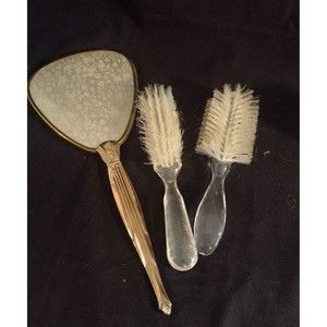 Vintage Gold Tone Metal Hand Held Mirror & Plastic Hair Brush Vanity Set